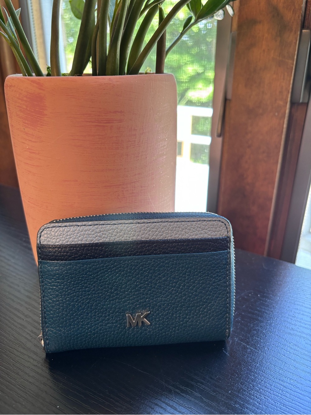 Michael Kors Teal, Gray and Black Small Zip Card Wallet
